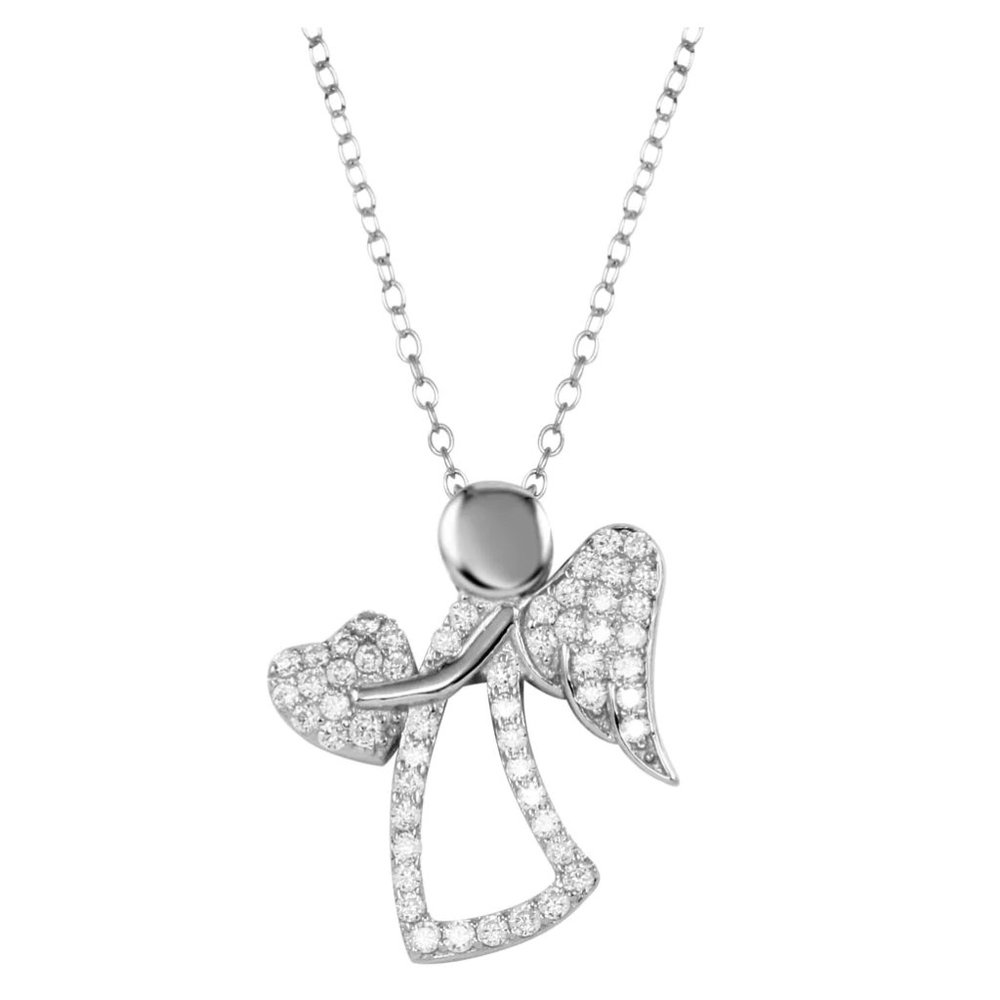 Sterling Silver 925 Rhodium Plated CZ Angel with Heart and Wings Necklace